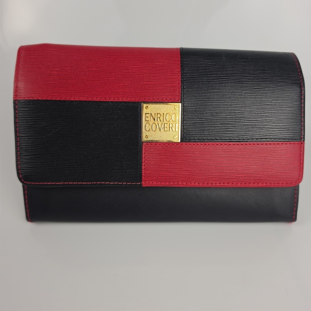 Enrico Coveri Red Black Colorblock Leather Trifold Wallet Gold Hardware Italy